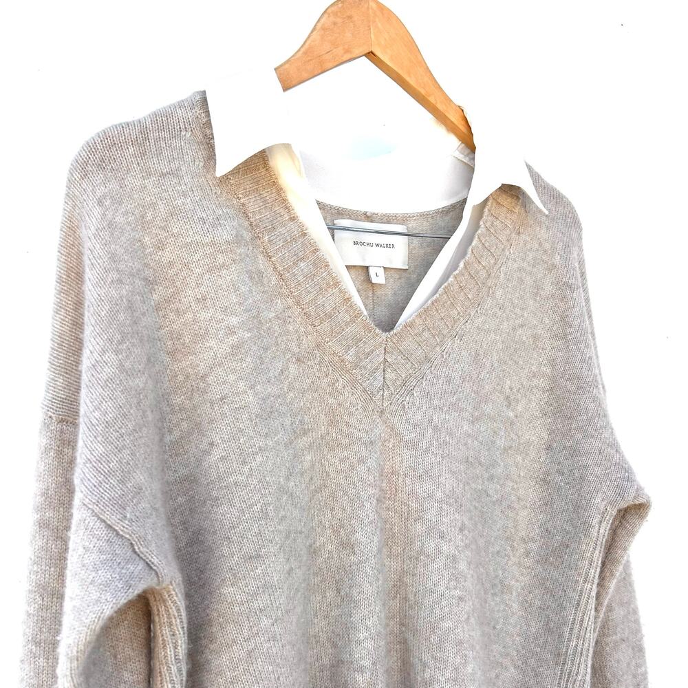 Brochu Walker Tatum V-Neck Looker Layered Cashmere Collared Sweater Large Tan - Picture 5 of 9